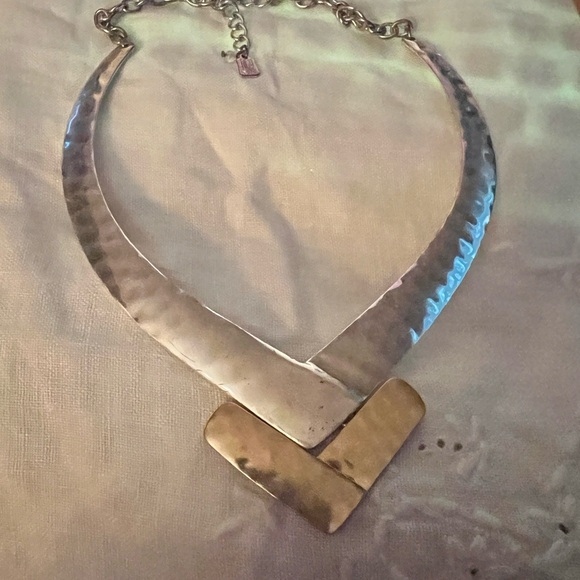 RLM- chevron statement necklace 16in with extender , silver & brass - Picture 3 of 8